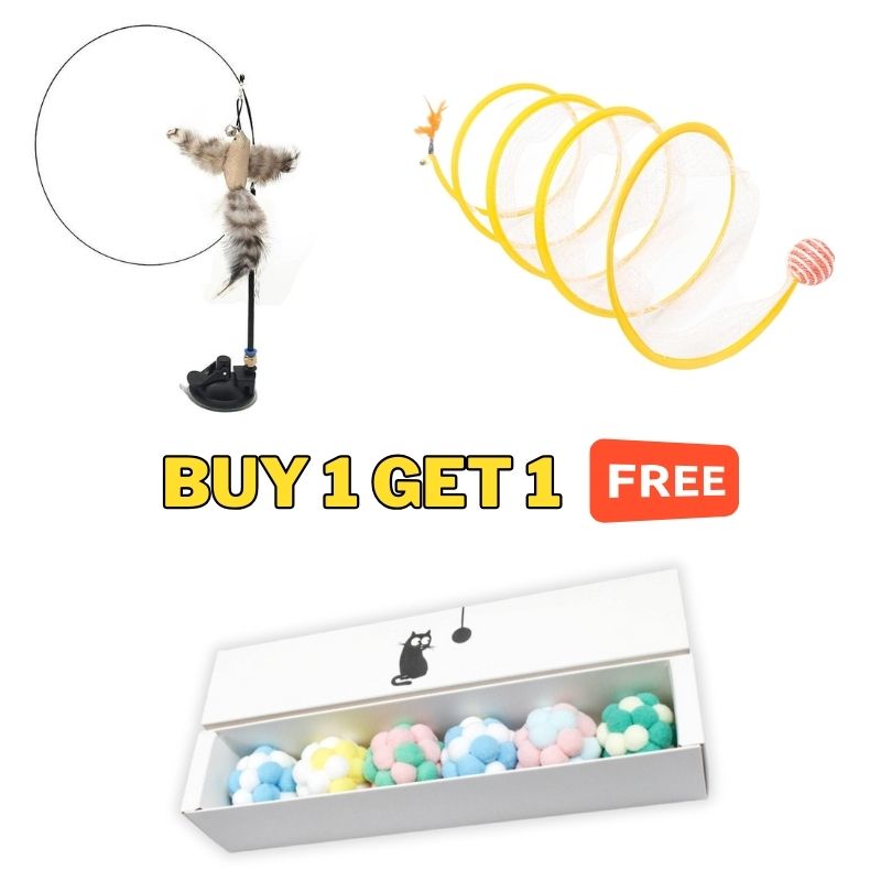 BUY 1 GET 1 FREE Ultimate Cat Play Pack: Bird Toy, Adventure Tunnel & Pompom Cat Ball Set