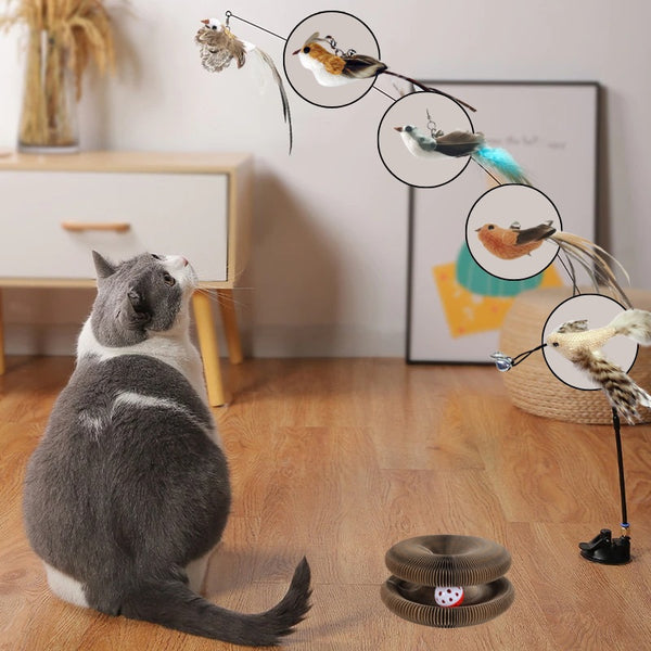 Complete Cat Entertainment Bundle: Magic Scratching Board, Interactive Bird Toy, and a FREE Adventure Tunnel included