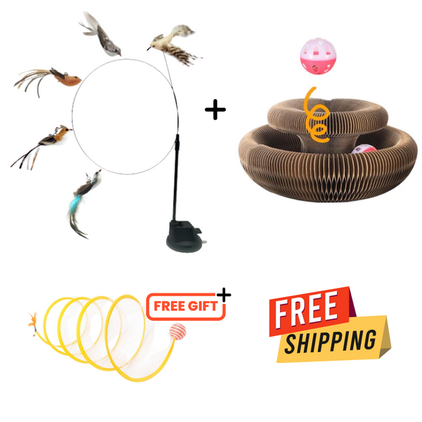 Complete Cat Entertainment Bundle: Magic Scratching Board, Interactive Bird Toy, and a FREE Adventure Tunnel included