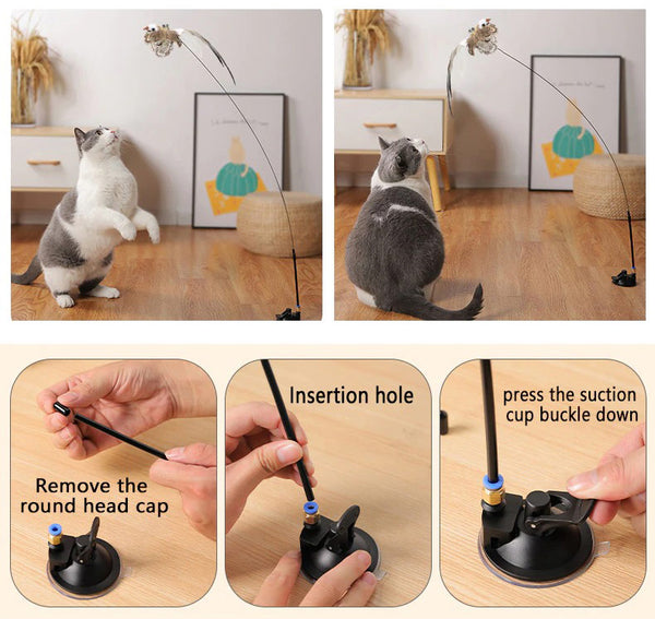Feather Cat Teaser Strong Suction Cup Cat Pole Toy With Bell Steel Wire Cat  Toy